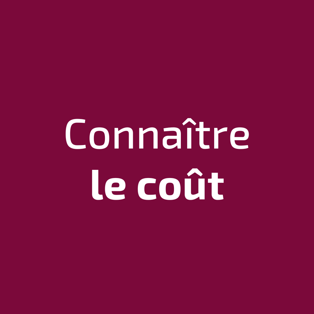 Un fond violet avec les mots connaitre le coût en lettres blanches.