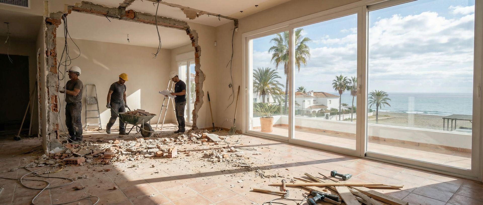 Obreros de la construcción demoliendo una habitación con vista al mar; escombros en el suelo y paredes abiertas.