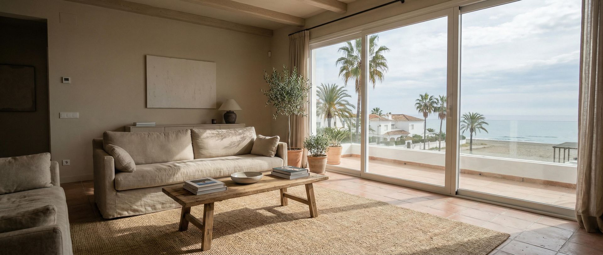 Sala de estar con sofá, mesa de café y gran ventanal con vista al mar y palmeras.