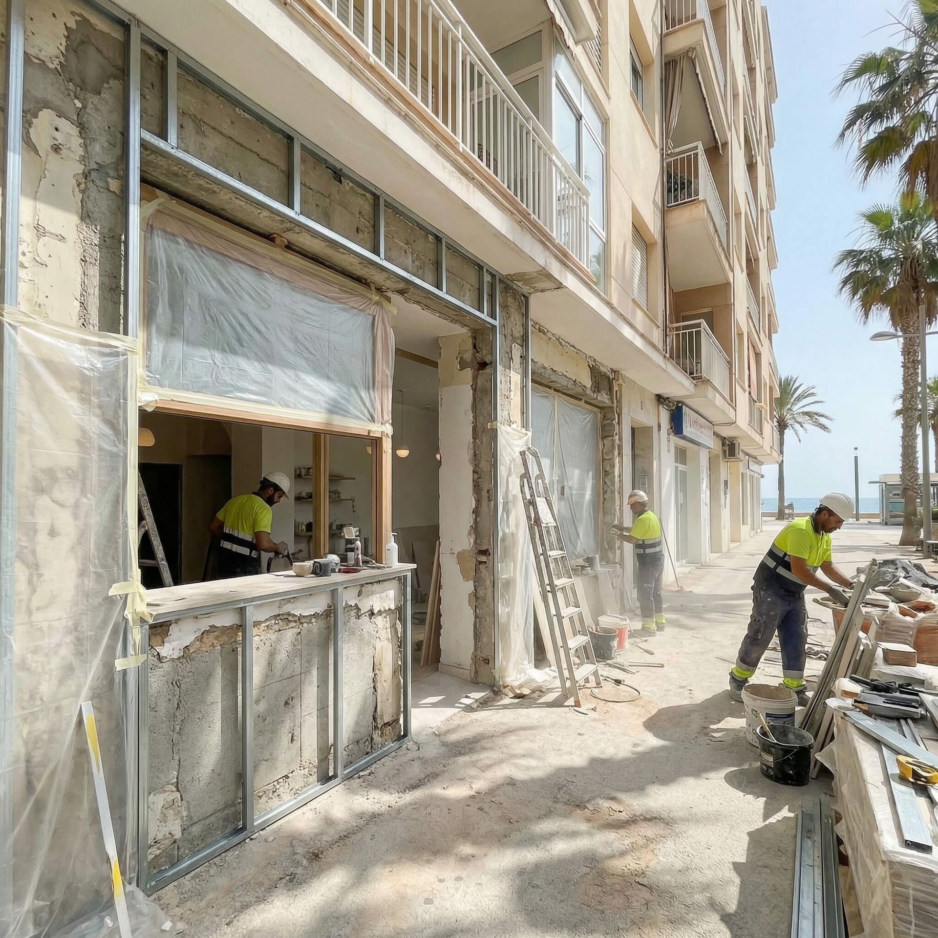 Obreros de la construcción renovando escaparates a lo largo de una calle soleada con palmeras.