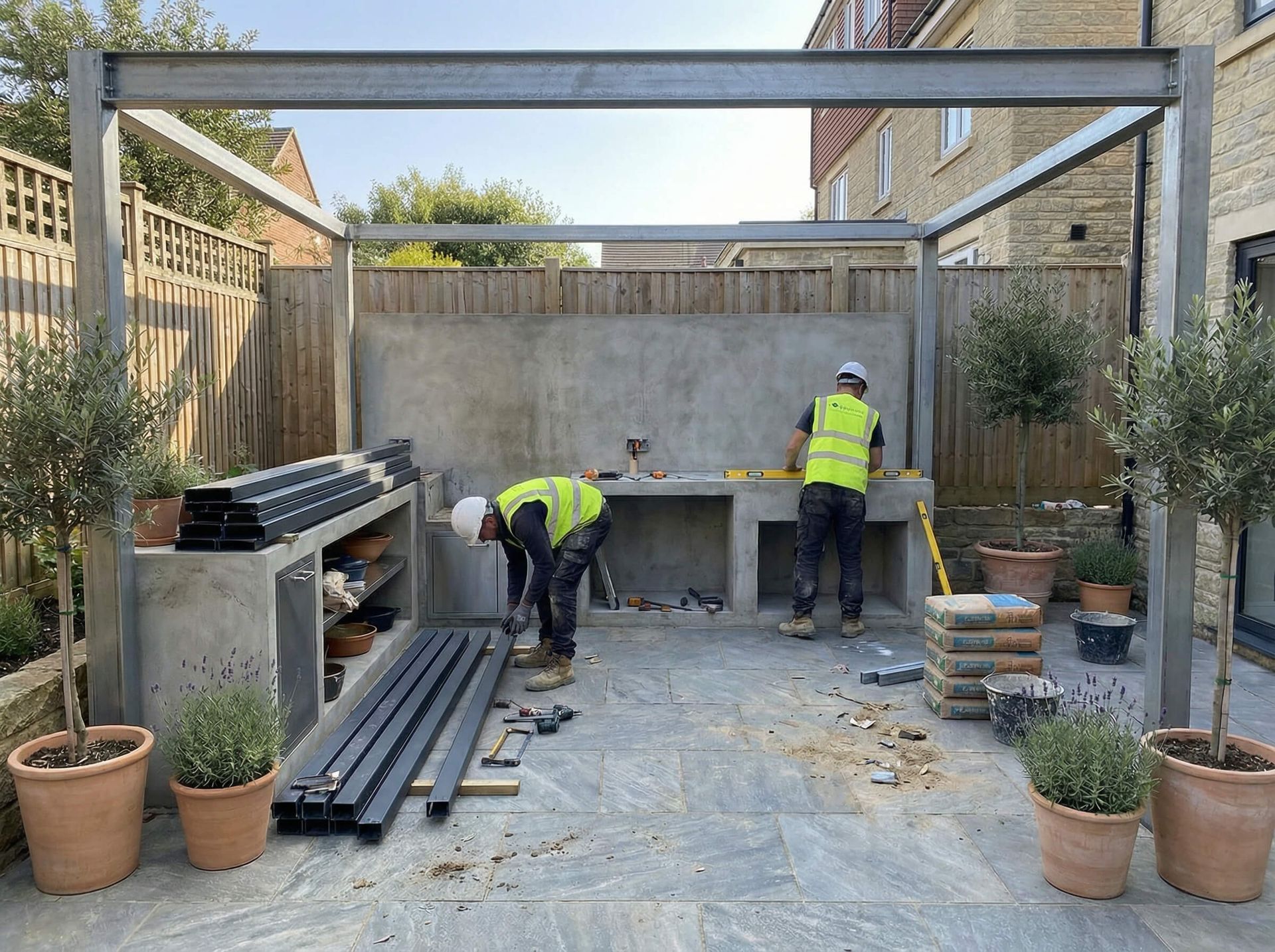 Obreros de la construcción instalando una cocina al aire libre bajo una estructura de acero.