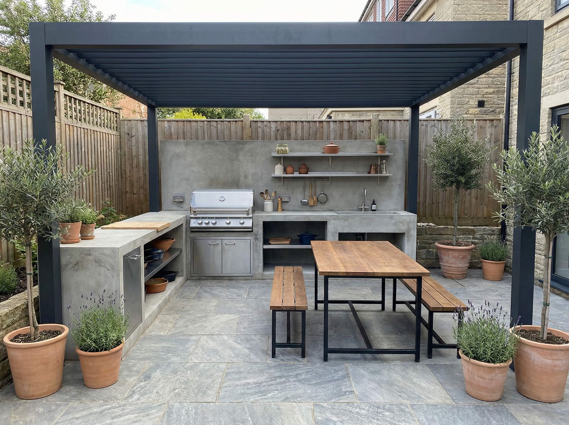 Cocina al aire libre con pérgola gris, parrilla incorporada, encimeras de concreto, mesa de madera y plantas en macetas.