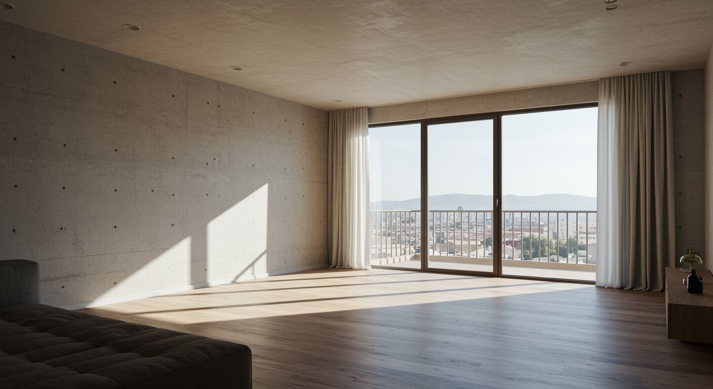 Habitación vacía y moderna con pisos de madera, paredes de concreto, ventanas grandes
