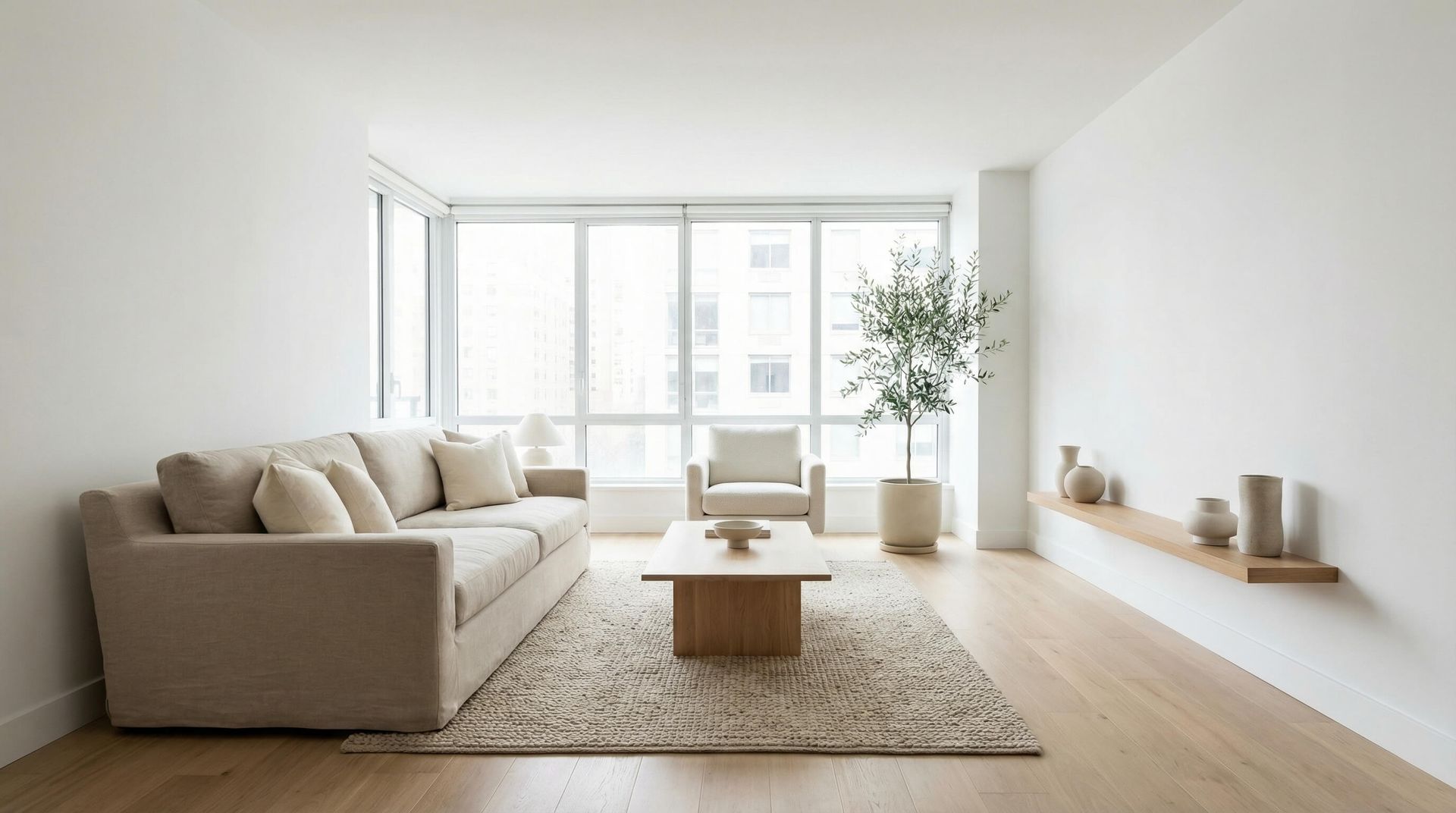 Sala de estar con sofá beige, alfombra y mesa de centro de madera, junto a un gran ventanal.