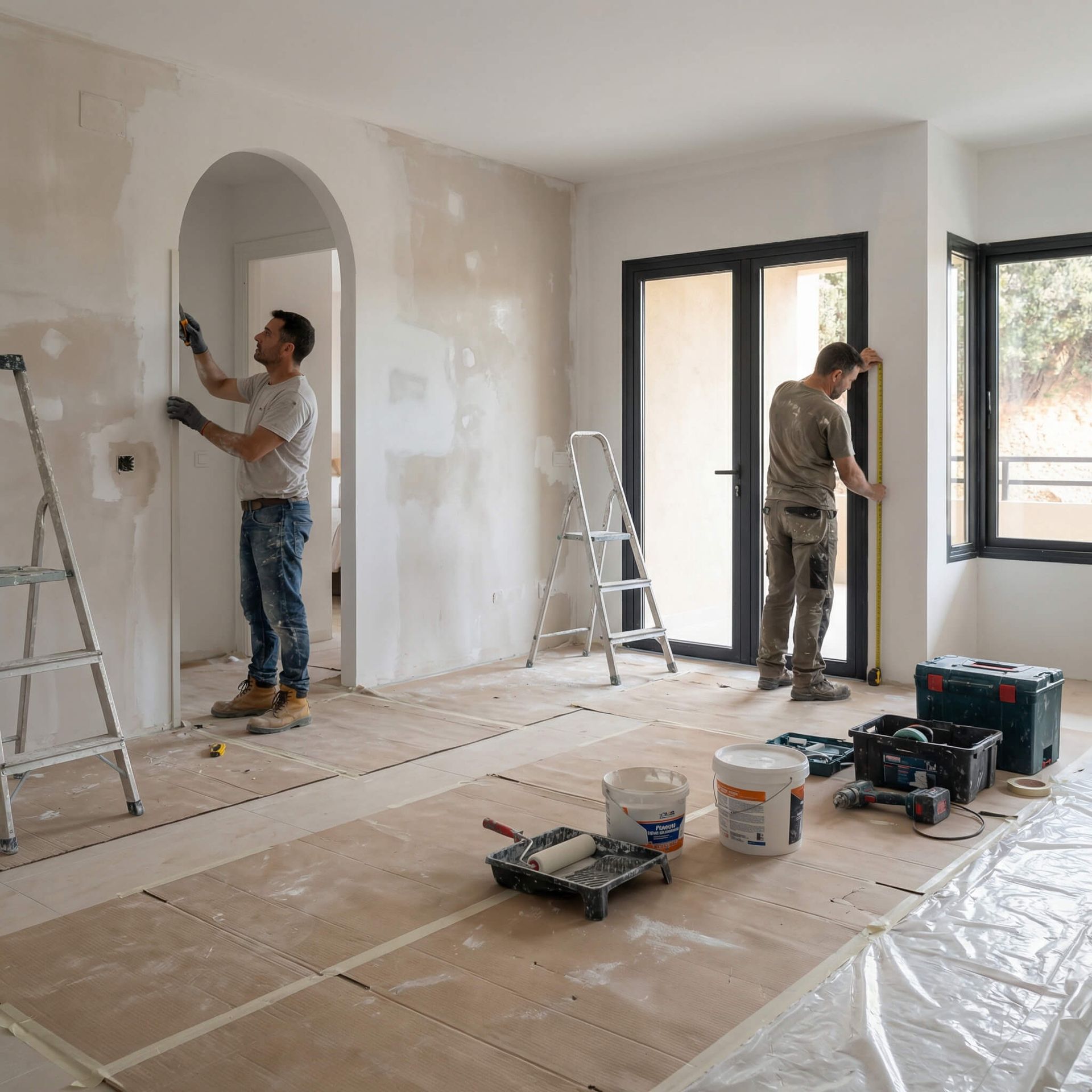 Dos trabajadores renovando un espacio interior