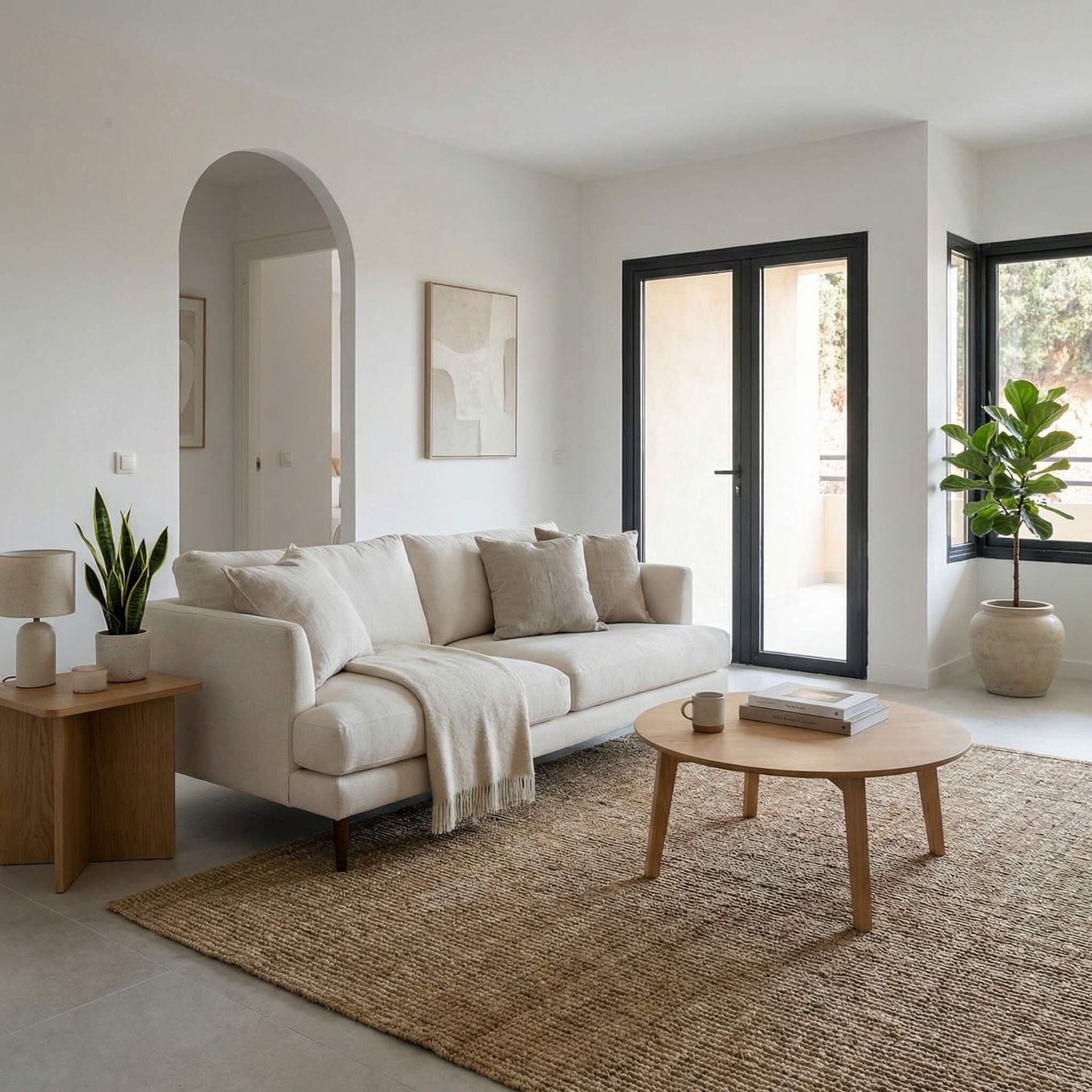 Sala de estar con muebles neutros, alfombra de yute y puerta arqueada.