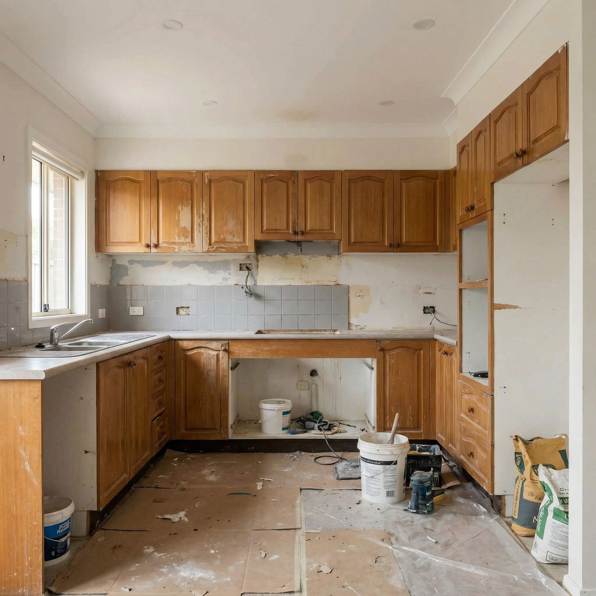 Cocina en proceso de renovación, con gabinetes de madera clara existentes, paredes expuestas y escombros de construcción.