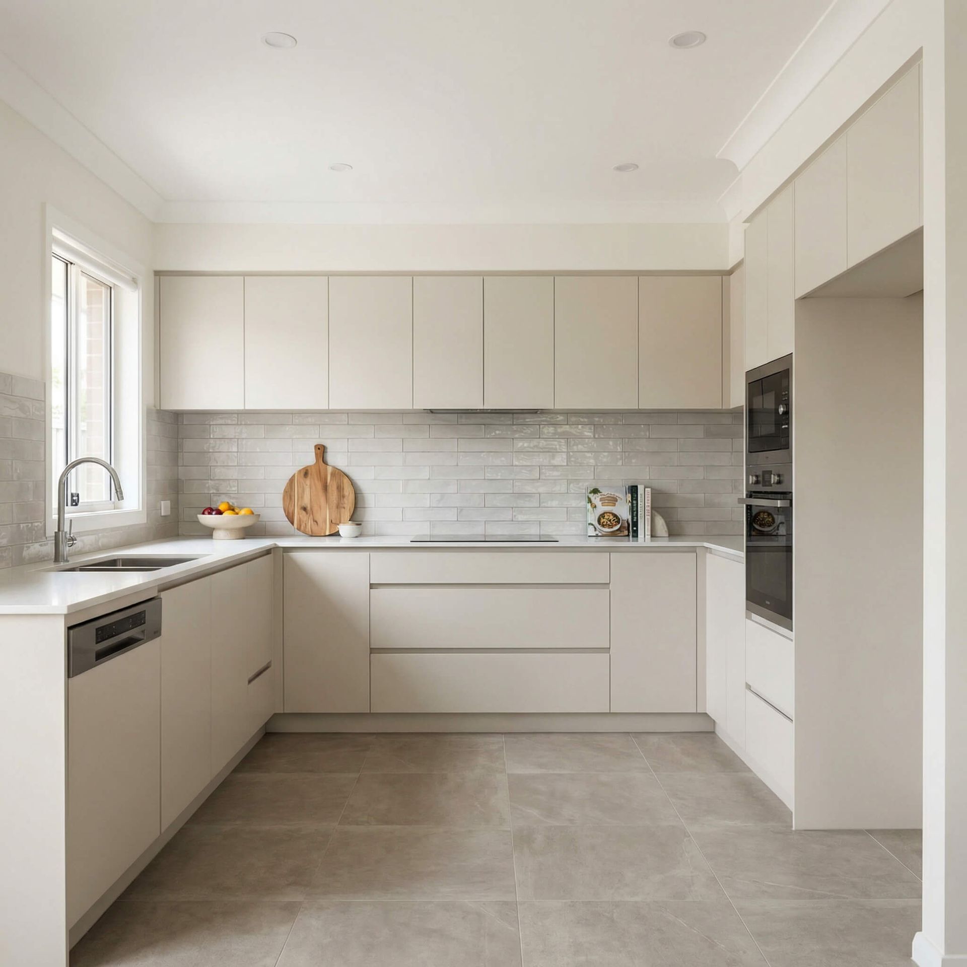 Cocina moderna con gabinetes de color beige claro, placa para salpicaduras de azulejos