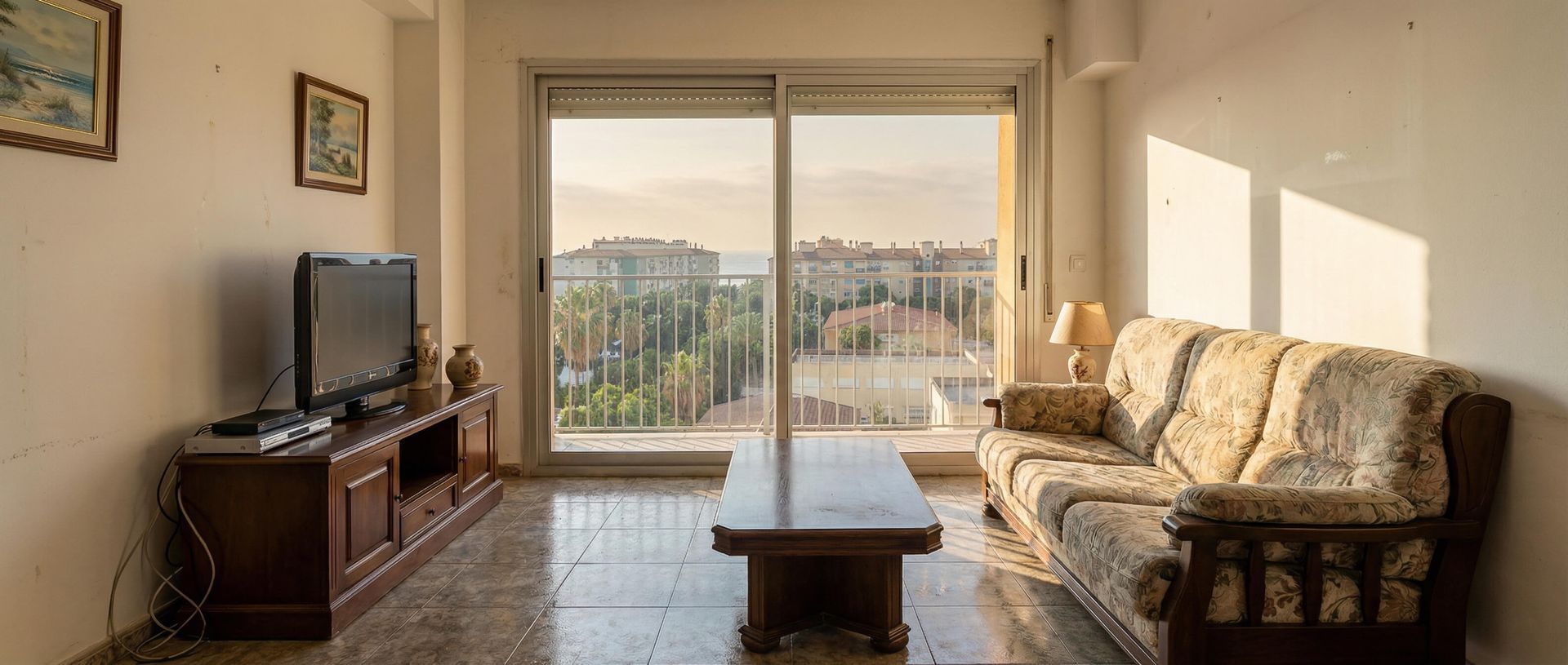 Sala de estar con sofá, TV y mesa. Balcón con vistas a edificios y árboles.