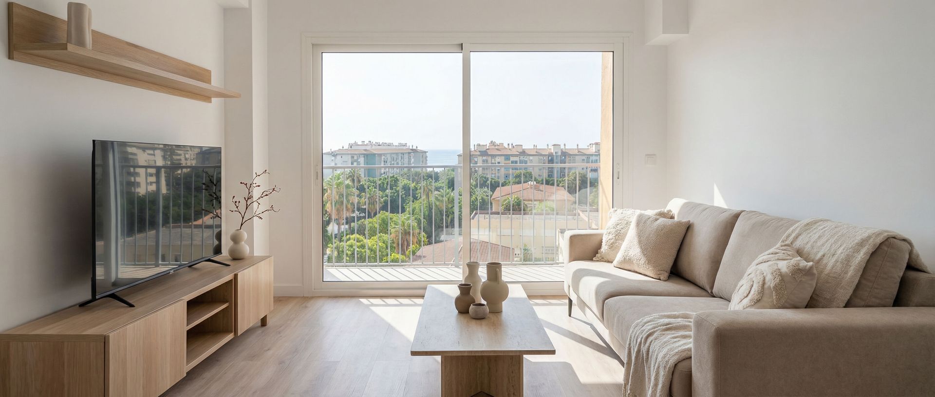 Una sala de estar luminosa con grandes ventanales con vistas a la ciudad y un sofá, TV y mesa de café.