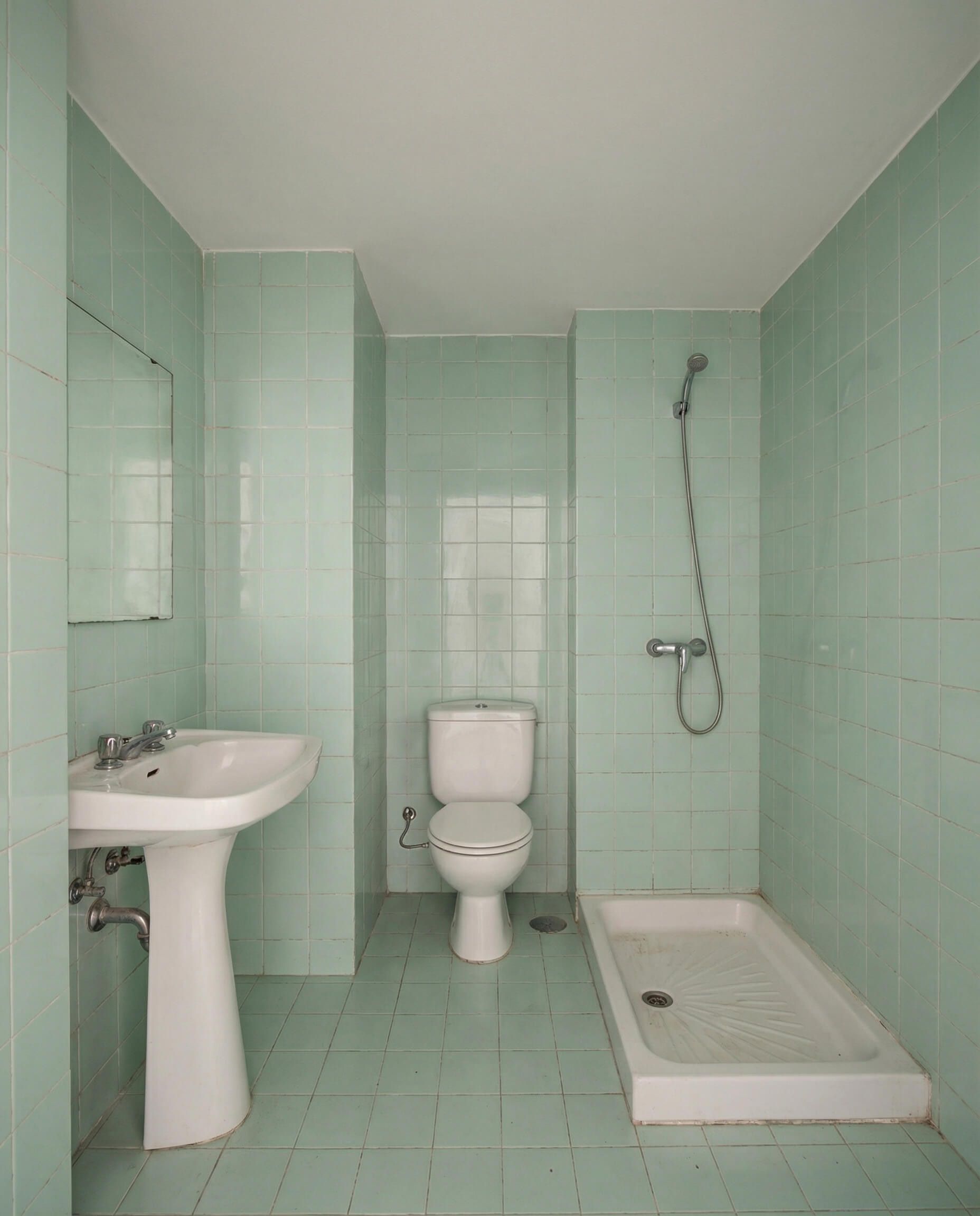 Baño pequeño con paredes y suelo de azulejos verde pálido. Incluye lavabo con pedestal, inodoro y ducha.