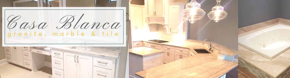 A collage showing Casa Blanca granite, marble, and tile services, featuring a white bathroom vanity and stone countertops.