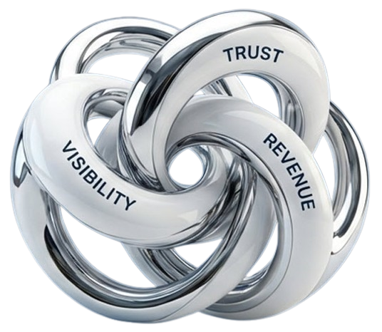 Interlocking silver rings with text: visibility, trust, and revenue, representing business relationships.