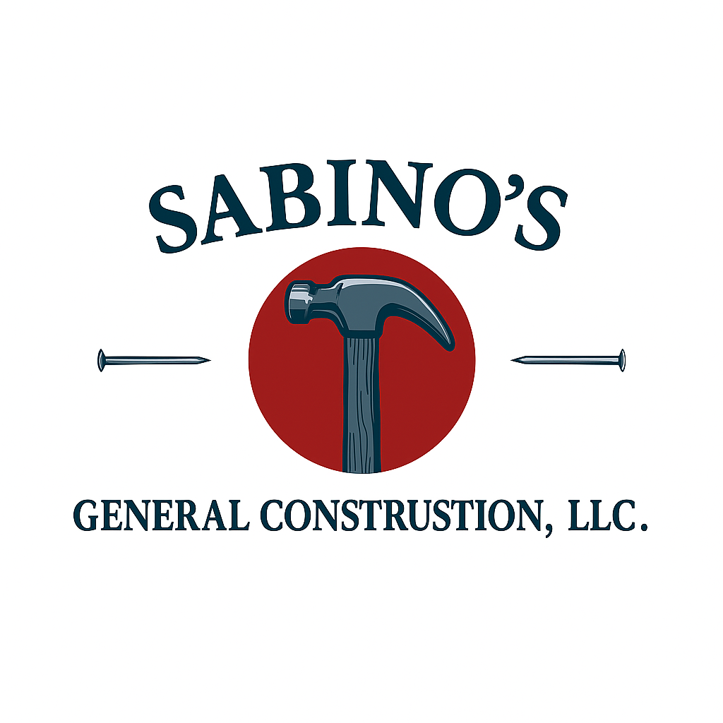 Logo for Sabino's General Construction, LLC, featuring a hammer inside a red circle, flanked by nails, with text.