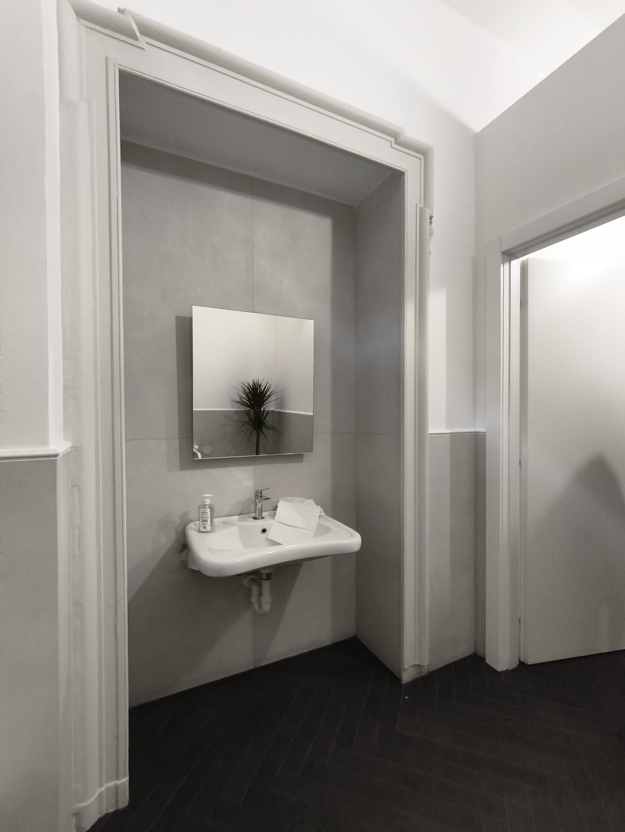 Piccolo bagno minimalista con lavandino, specchio e piccola pianta. Pavimento scuro, pareti e cornice grigio chiaro.
