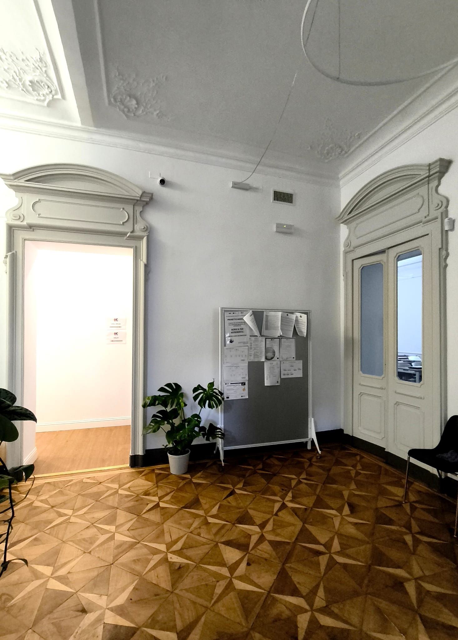 Interno di un ufficio con pavimenti in legno, pareti bianche e stipiti decorati. Sono visibili una bacheca e delle piante.