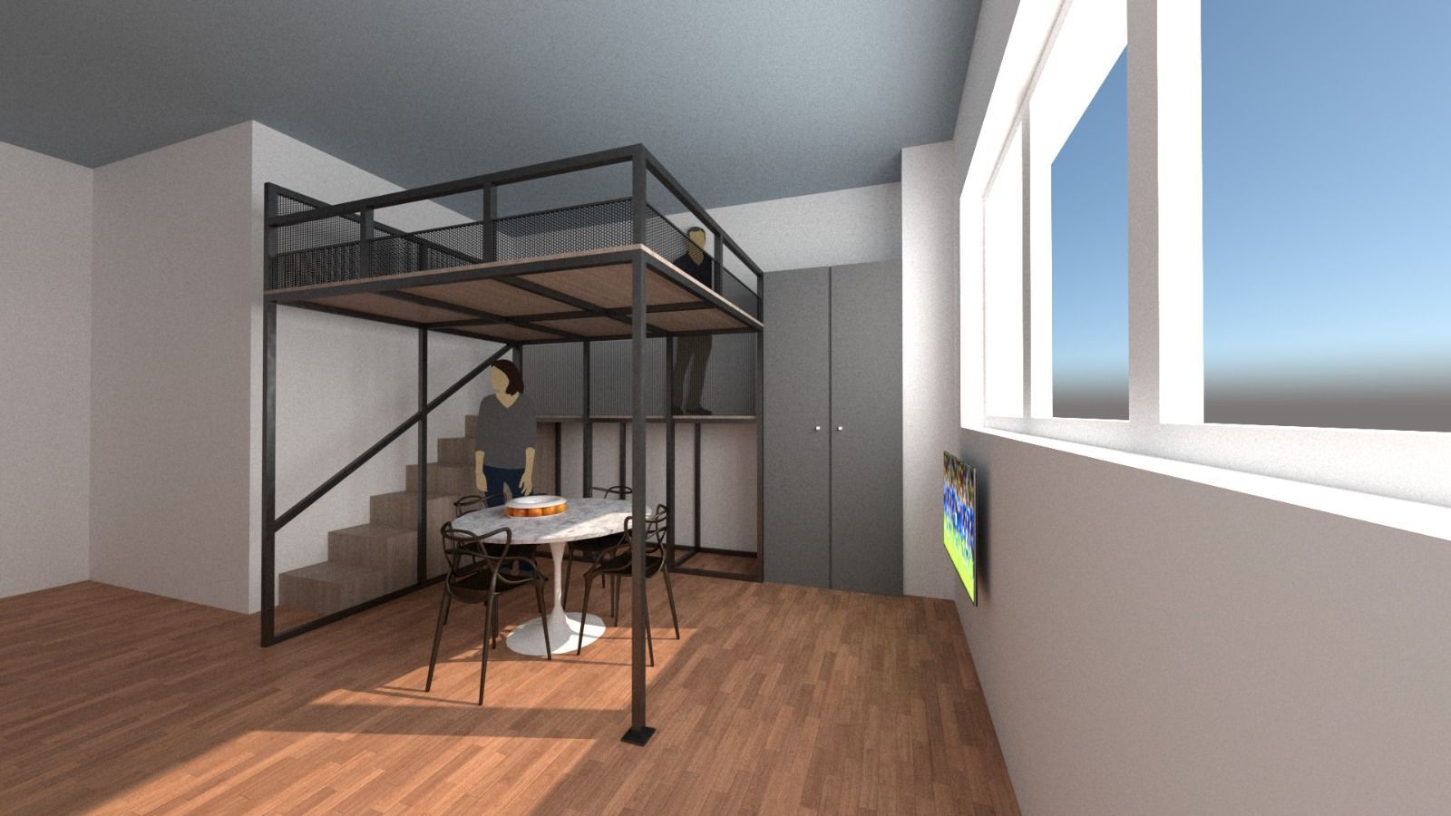 Letto a soppalco in una piccola stanza con scale, tavolo, sedie, TV e ampia finestra.