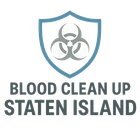 Blood Clean Up Staten Island logo: Shield with biohazard symbol, blue and gray text.