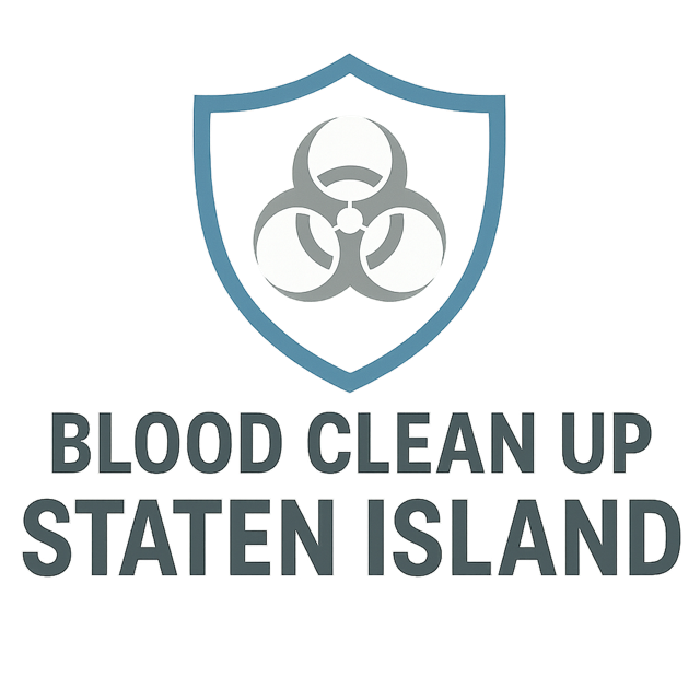 Blood Clean Up Staten Island logo: Shield with biohazard symbol, blue and gray text.