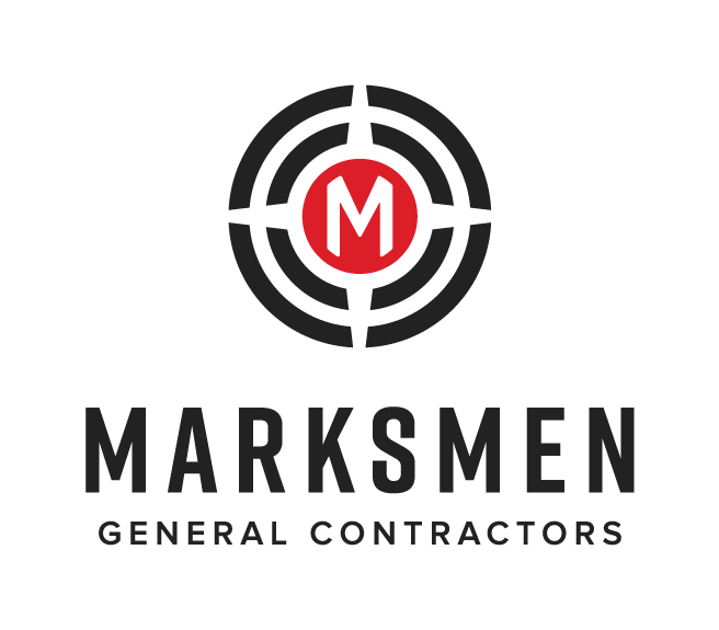 The logo for marksmen general contractors is a target with a red m in the center.