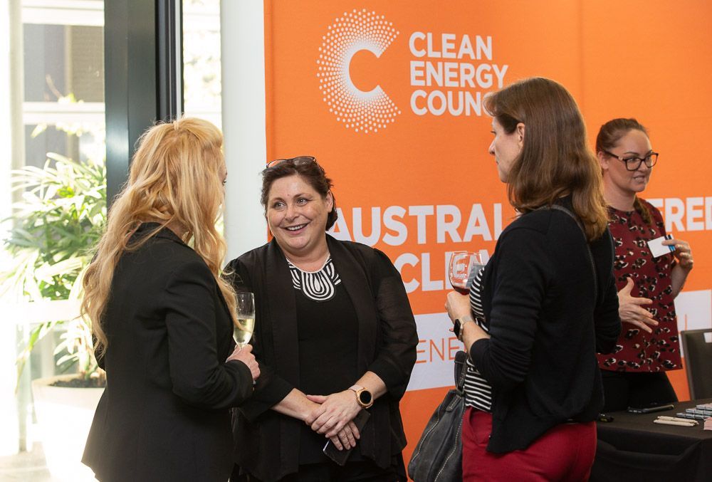 A group of women are standing in front of an orange banner that says clean energy council.