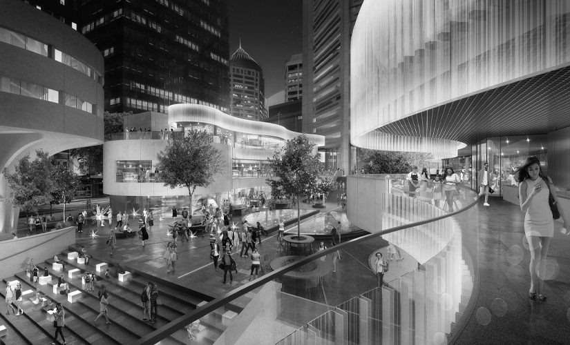 A black and white photo of a city at night.