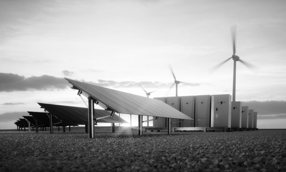 A black and white photo of solar panels and wind turbines