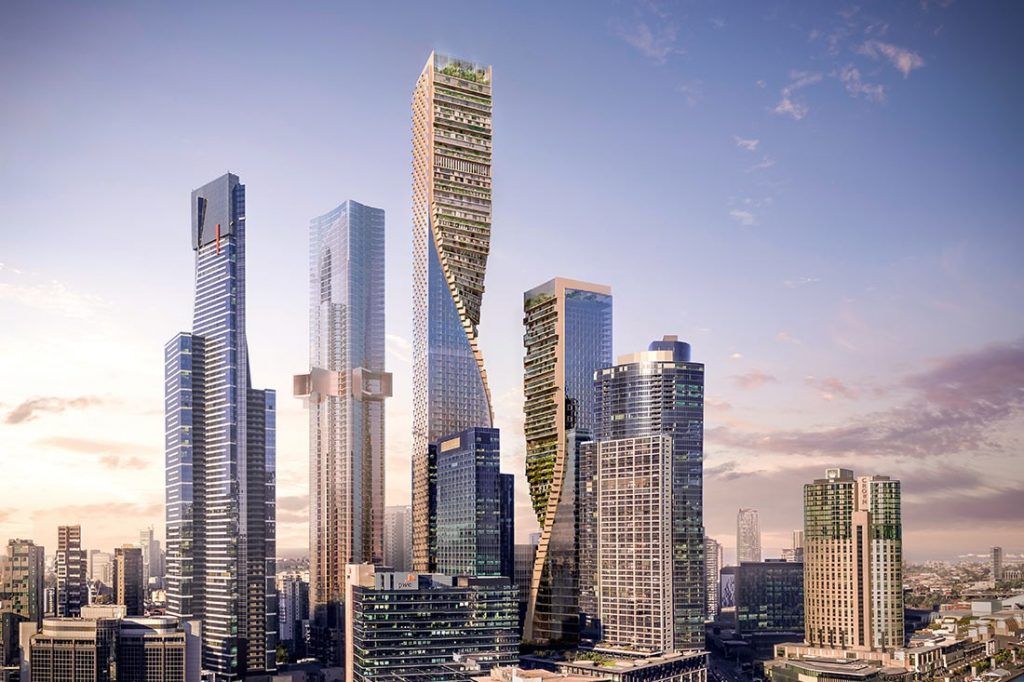 An artist 's impression of a city skyline with a lot of tall buildings.