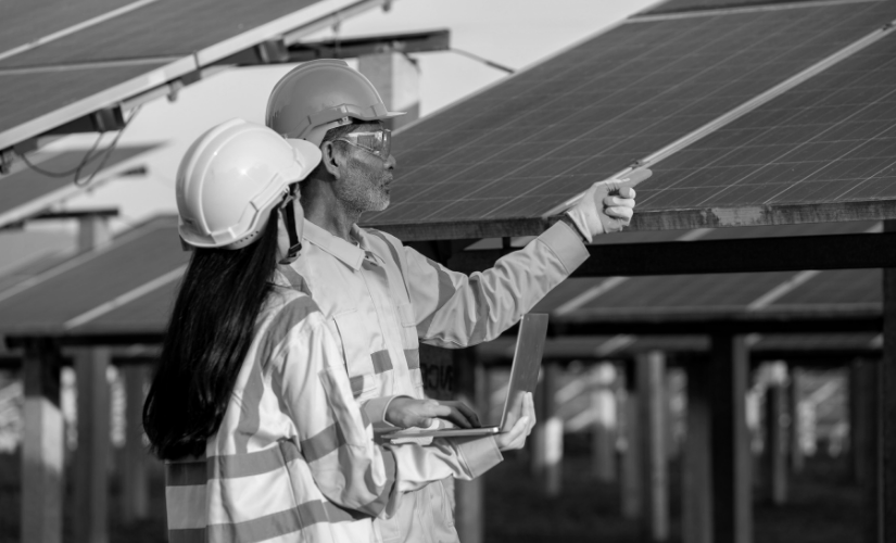 A man and a woman are standing next to each other in front of a solar panel.