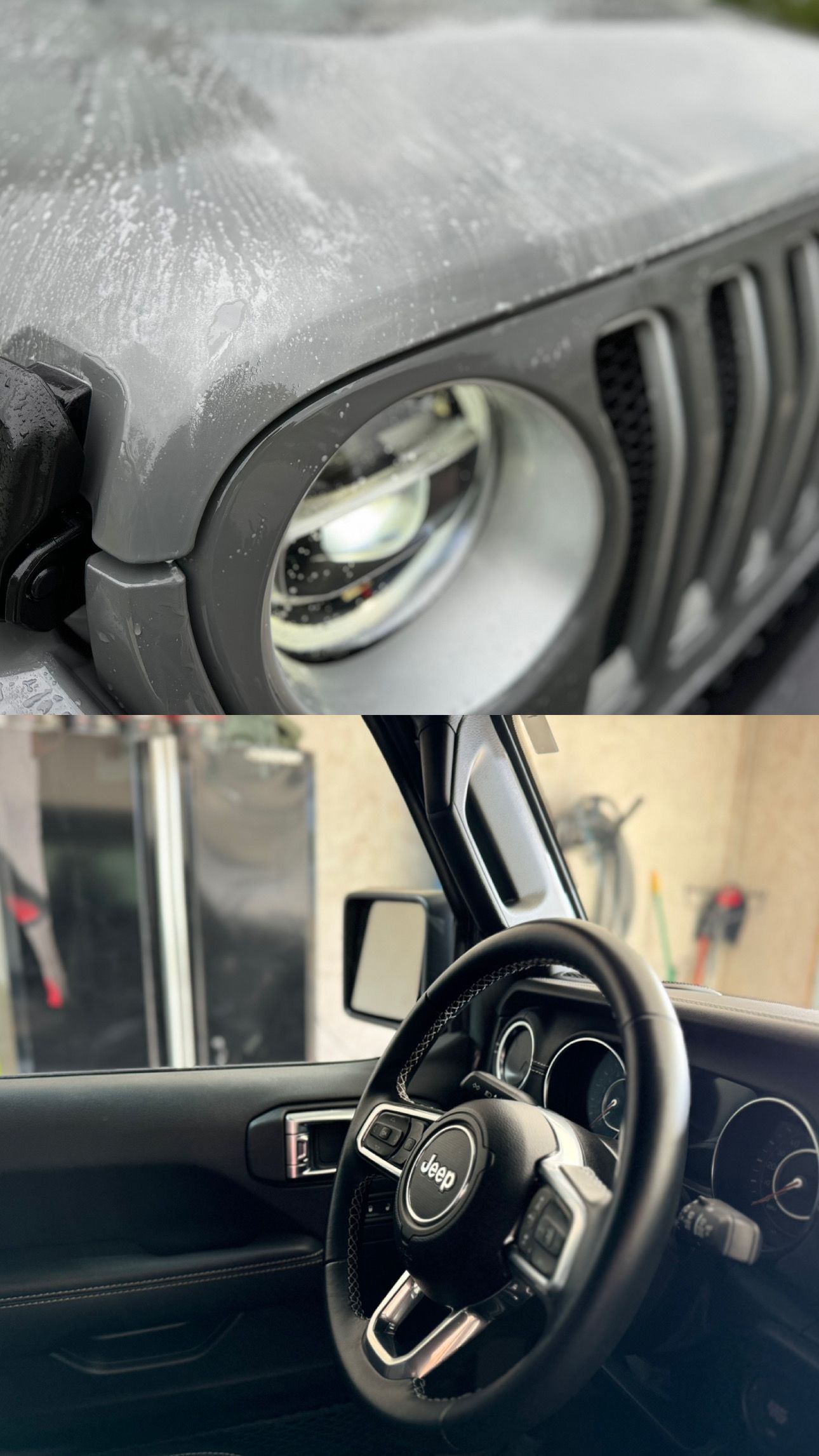 A close up of a jeep hood and steering wheel