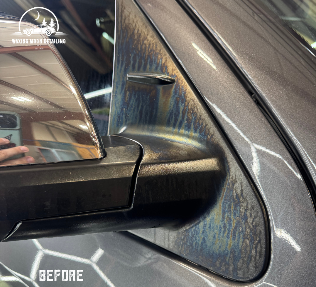 A before and after picture of a car 's side mirror