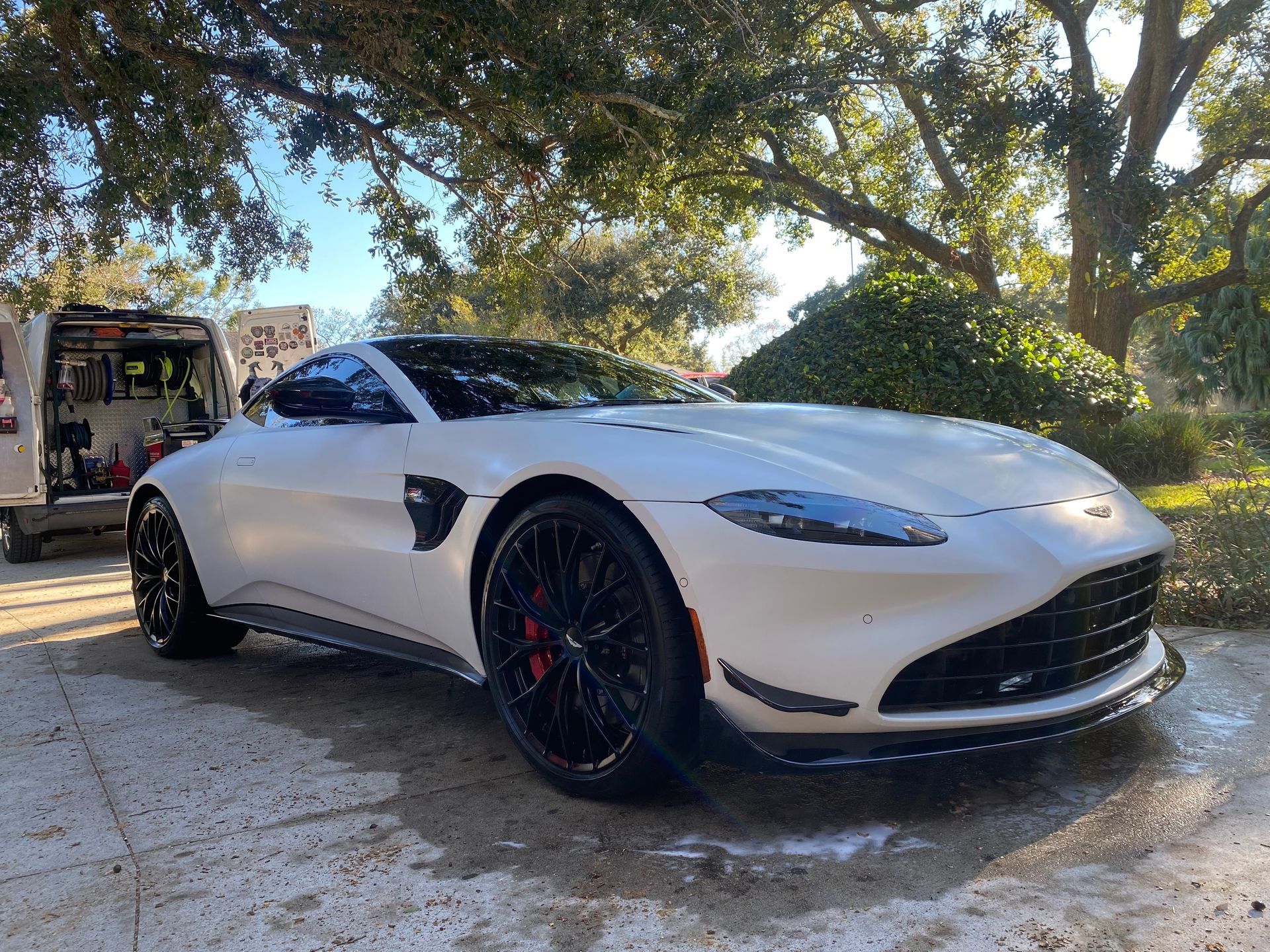 A white sports car is parked in a driveway next to a tree.