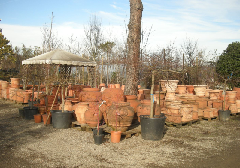 Vasi di terracotta di varie dimensioni e forme esposti all'esterno; sullo sfondo un gazebo.