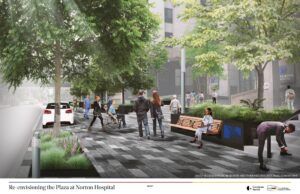 A rendering of a tree-lined plaza at Norton Hospital with people walking, sitting on benches, and a car nearby.