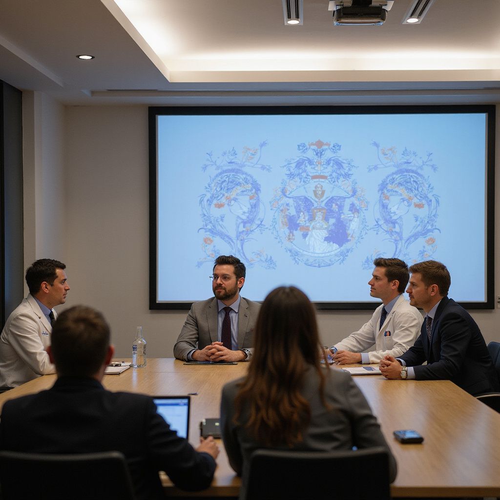 A professional team sits around a boardroom table, facing a presentation screen displaying decorative artwork.