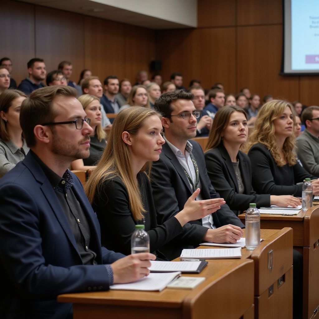 A group of people sitting at desks in a lecture hall, observing a presentation.
