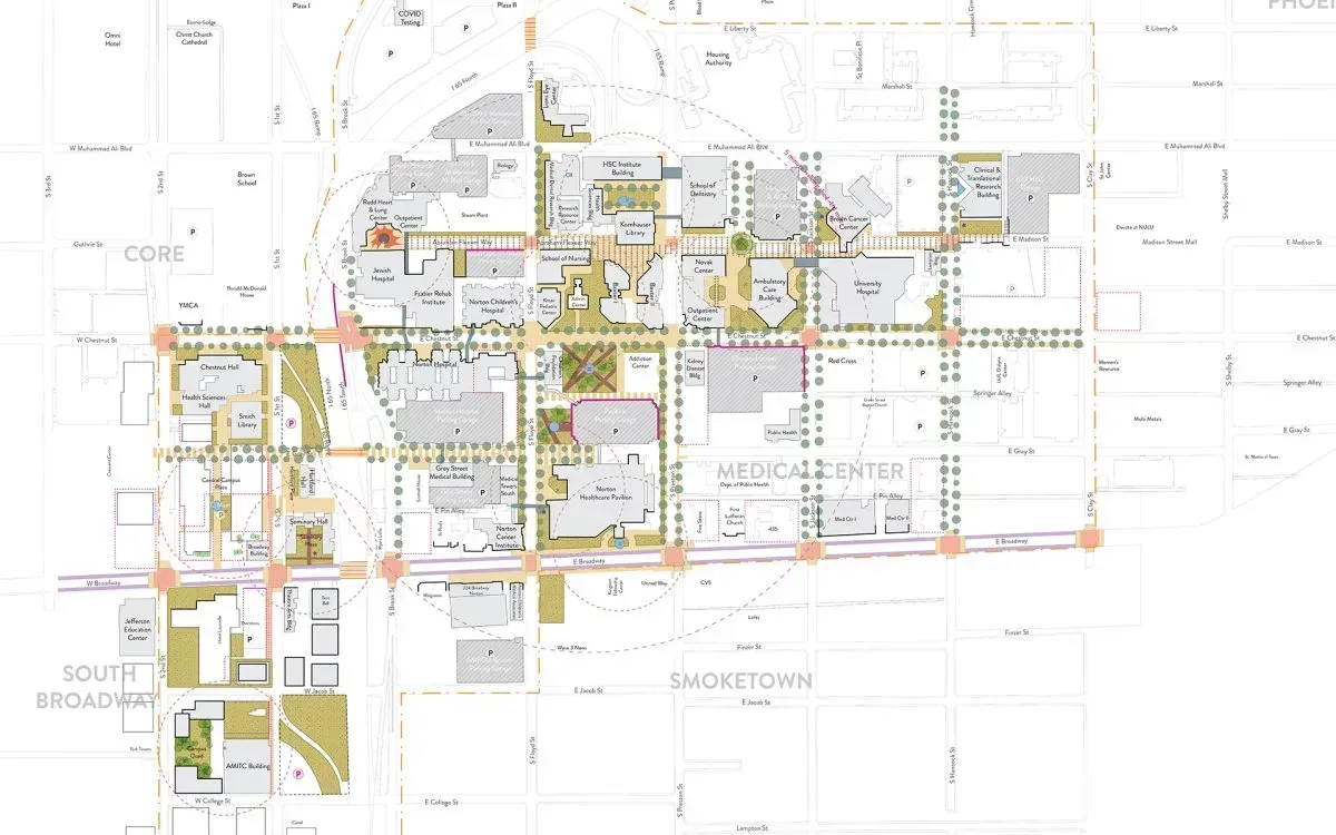 Site map showing a LOUMED layout with buildings in grey and pedestrian paths in tan, highlighting connectivity.