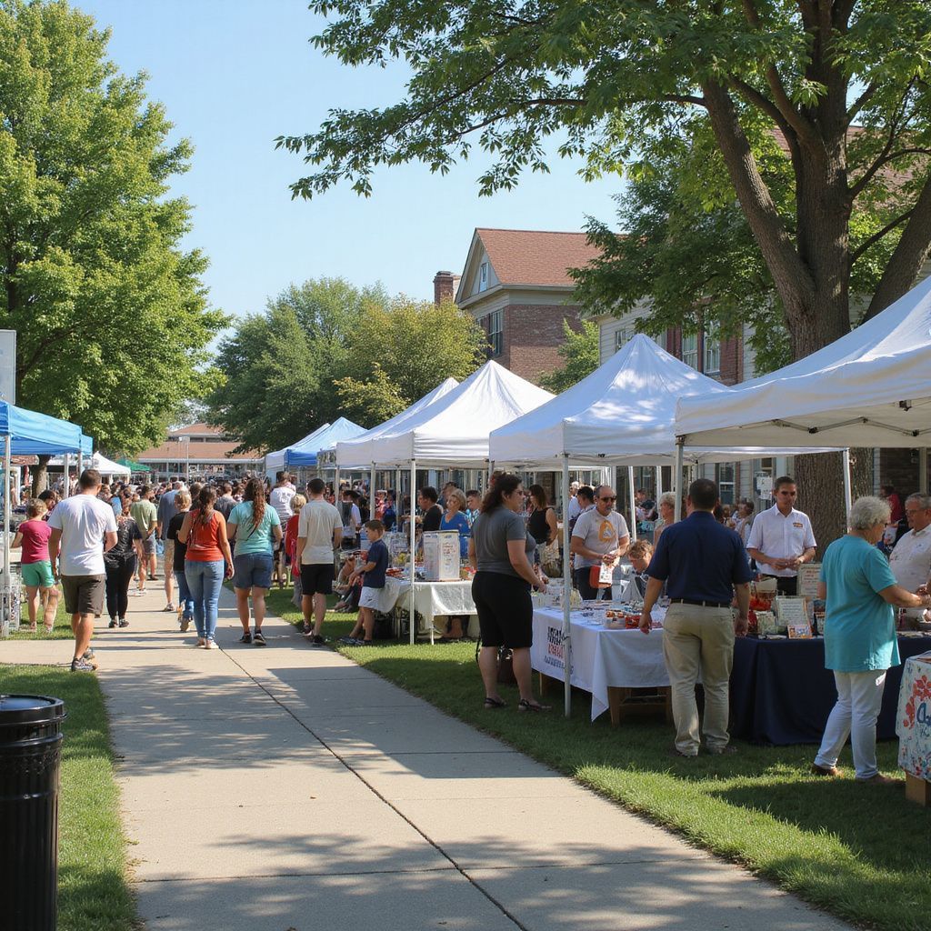 People browse a row of white vendor tents at an outdoor street fair on a sunny day.