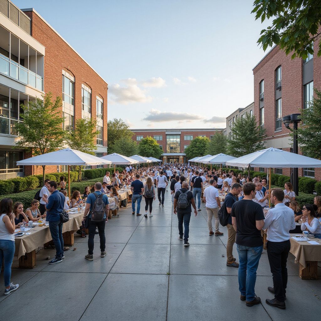Outdoor courtyard event featuring long tables with white umbrellas, people socializing, and red brick buildings.