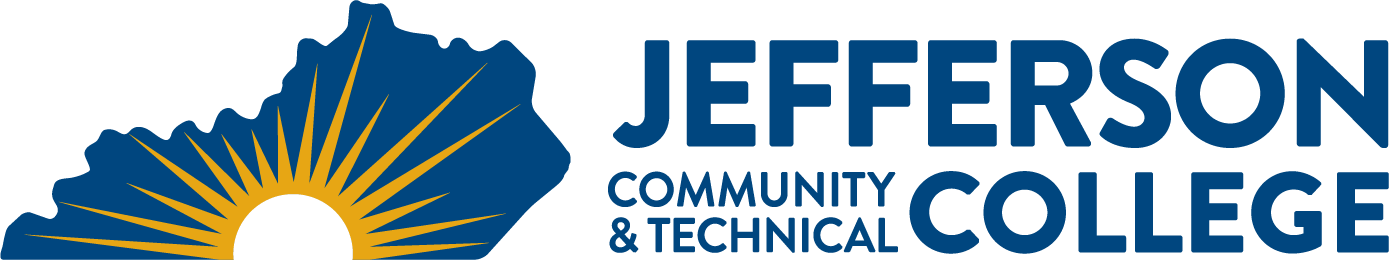 Logo for Jefferson Community & Technical College featuring a blue outline of Kentucky with a gold sunburst design.