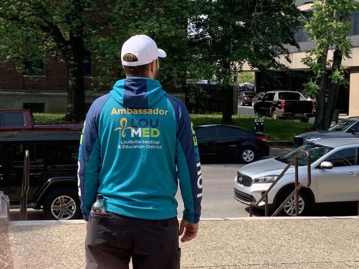 A person wearing a teal and navy LOUMED Ambassador hoodie stands outdoors, facing a parking lot with several cars.