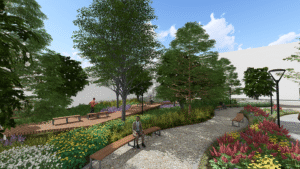 A digital rendering of LOUMED Commons park with walking paths, wooden benches, lush greenery, and a modern street lamp.