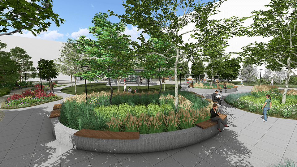 A computer-generated rendering of LOUMED Commons with curved stone planters, wooden benches, green foliage, and walkways.