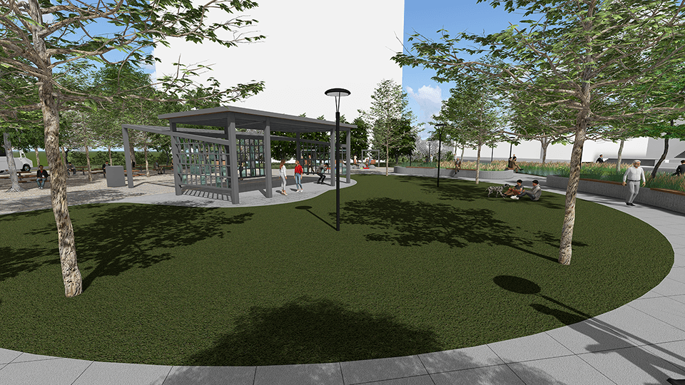 A digital rendering of LOUMED Commons with a central green lawn, a wooden pergola, benches, lamp posts, and trees.