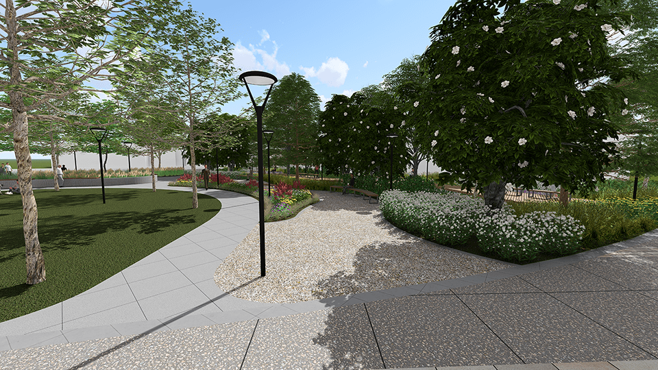 A digital rendering of LOUMED commons pathway with light gravel, manicured landscaping, small shrubs, and modern street lamps.