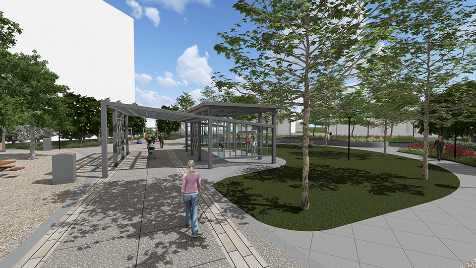 A digital rendering of LOUMED Commons with a person walking toward a modern gray metal pavilion surrounded by trees and paths.