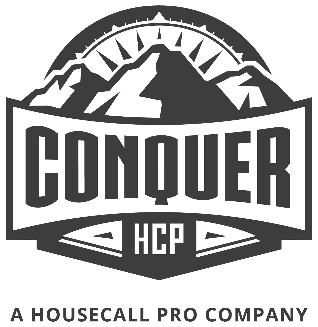 Conquer HCP logo with mountain and sunburst above, “A Housecall Pro Company” below
