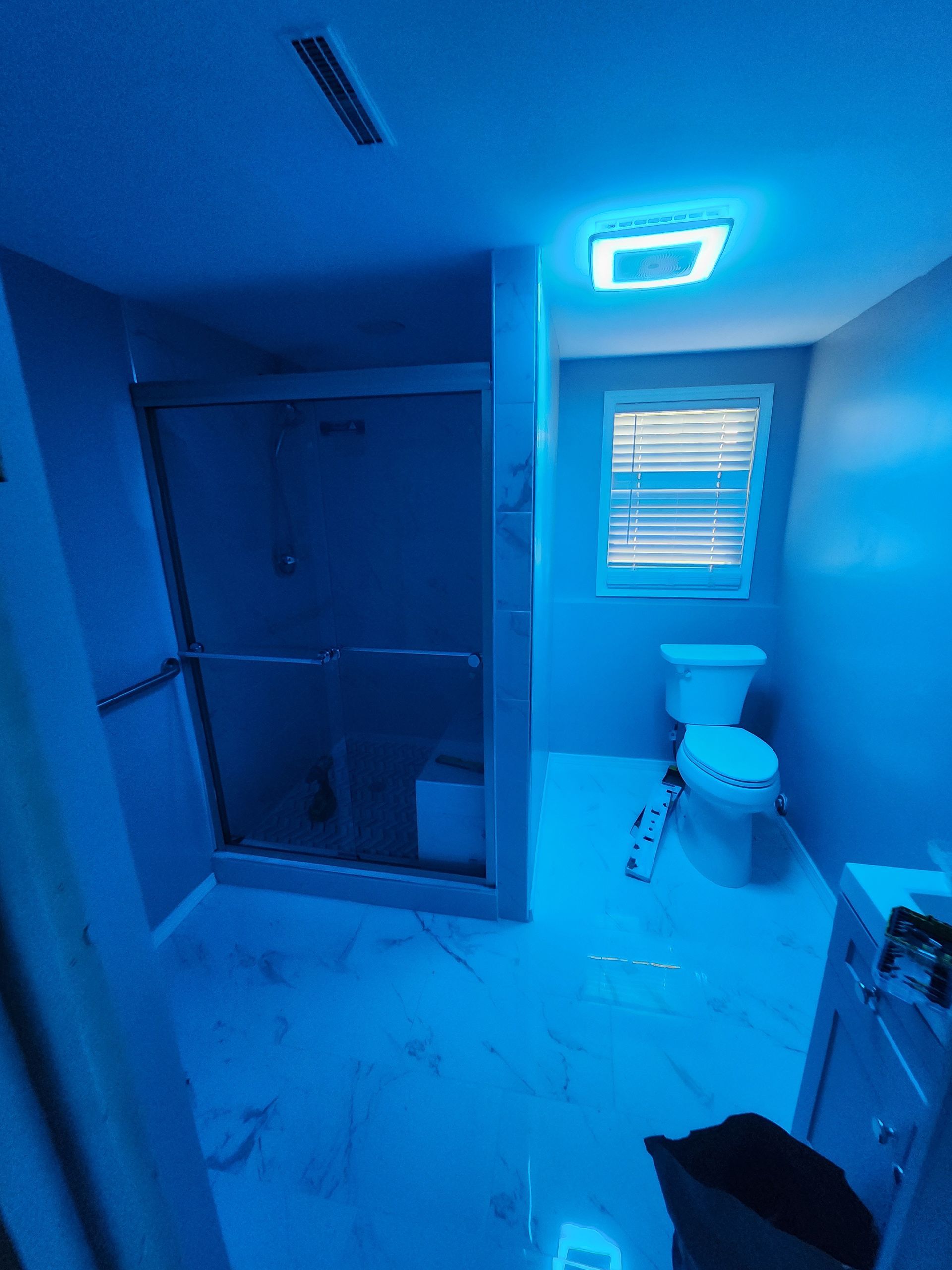 Blue-lit bathroom with a shower stall, toilet, window blinds, and ceiling light.