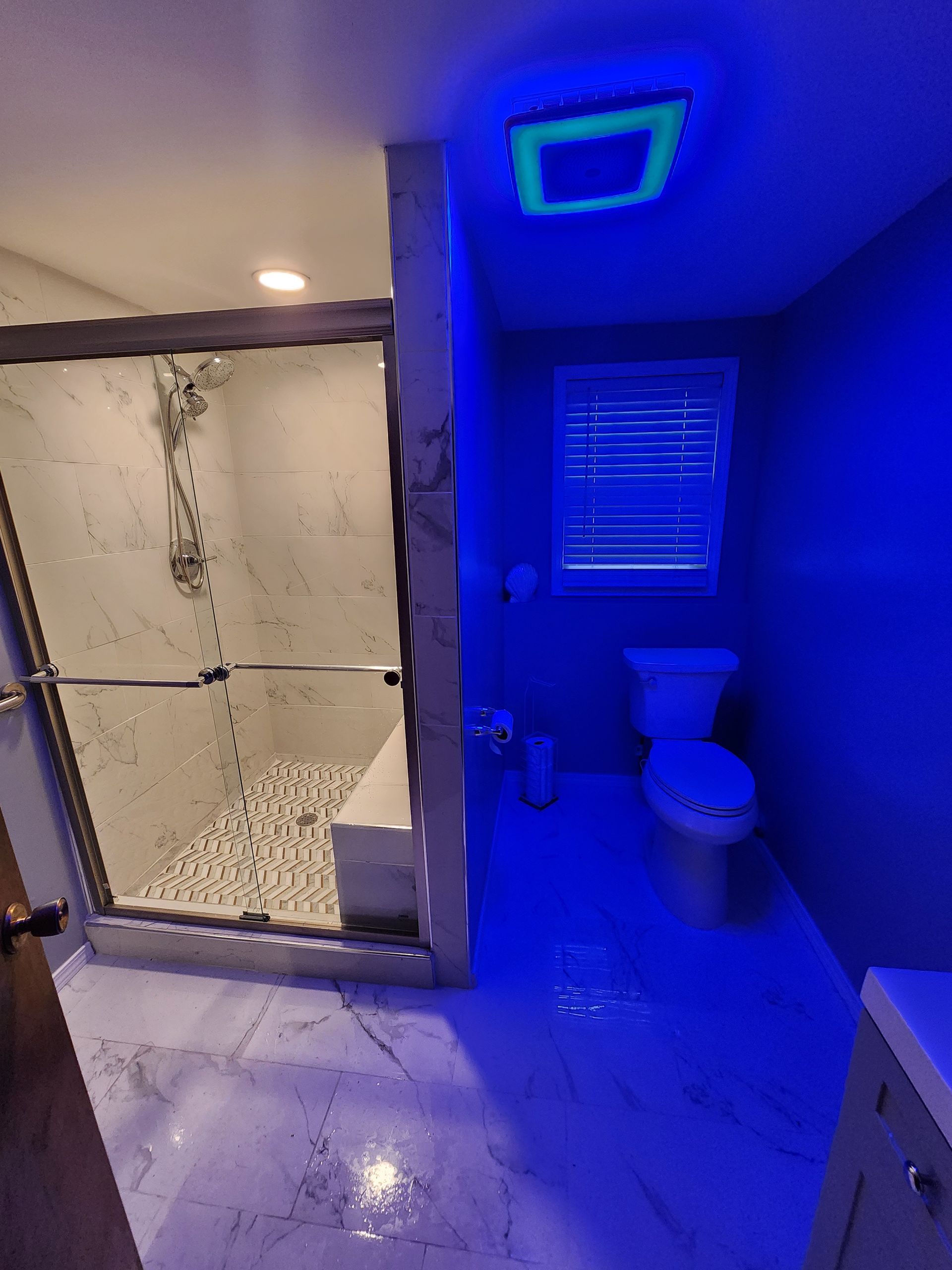 Blue-lit bathroom with shower stall, toilet, and glossy tile floor