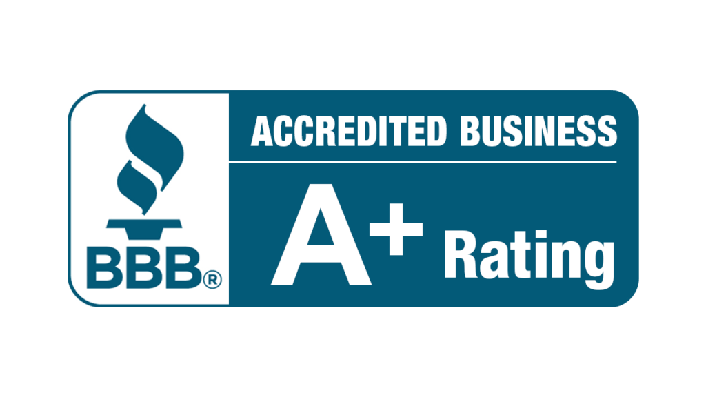 BBB Accredited Business A+ rating logo in blue and white